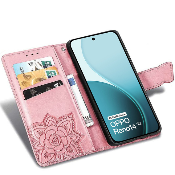 Klopové pouzdro pro Oppo Reno 14, Butterfly, peněženka, růžové zlato