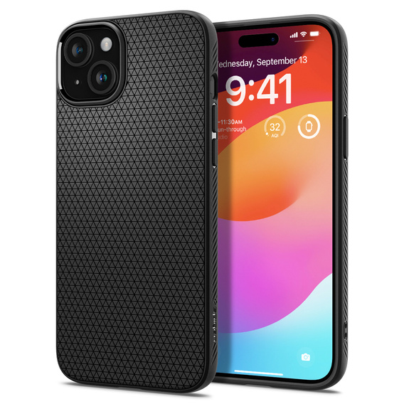 Pouzdro Spigen pro iPhone 15, Liquid Air, černé + 9H tvrzené sklo