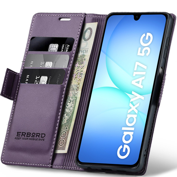Pouzdro pro Samsung Galaxy A17 5G, ERBORD Glossy Litchi, flipová peněženka, fialové