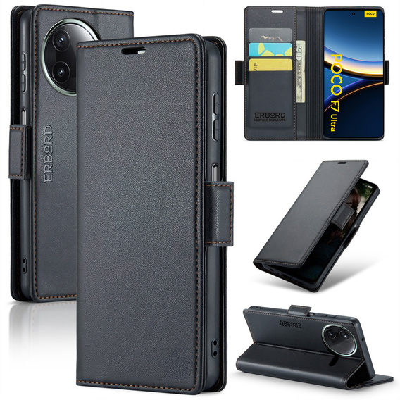 Pouzdro pro Xiaomi Poco F7 Ultra, ERBORD Glossy Litchi, flipová peněženka, černé