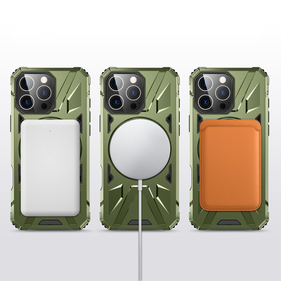 Pouzdro pro iPhone 16 Pro Max, pancéřované se stojánkem a deskou na rukojeť, zelené