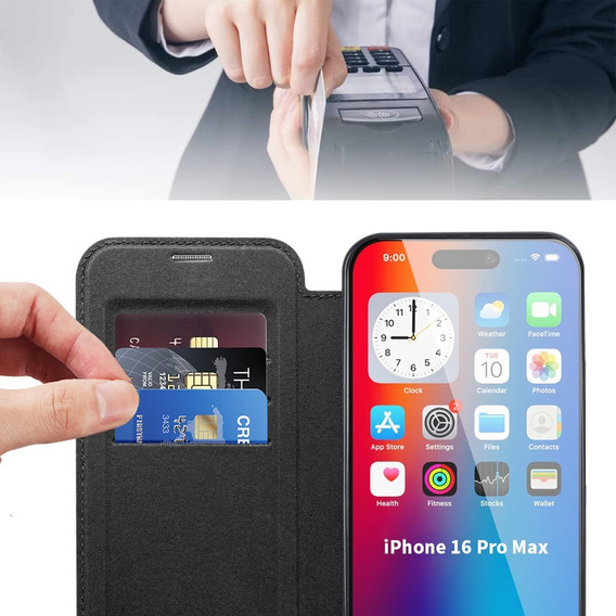 Klopové pouzdro pro iPhone 16 Pro Max, RFID Wallet MagSafe CamShield, černé