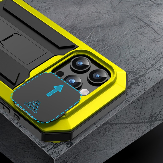 Pouzdro pro iPhone 15 Pro, R-JUST CamShield Slide, pancéřované, žluté / černé