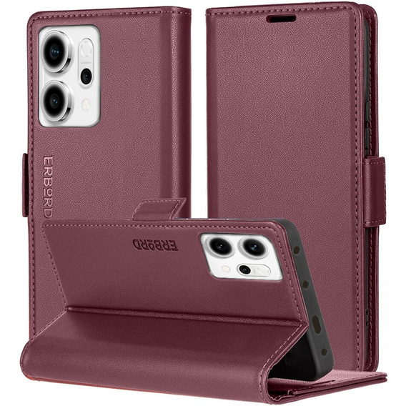 Pouzdro pro Oppo Reno 14, ERBORD Glossy Litchi, flipová peněženka, červené