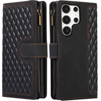 Klopové pouzdro pro Samsung Galaxy S24 Ultra, Wallet Zipper Pocket, s popruhem přes rameno, černé