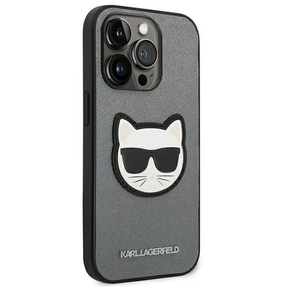 Pouzdro Karl Lagerfeld pro iPhone 14 Pro Max, Saffiano Choupette Head Patch, stříbrné