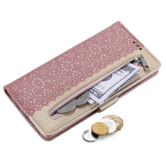Flipové pouzdro pro Samsung Galaxy S20 FE/5G, Wallet Pocket Zipper Lace, růžové