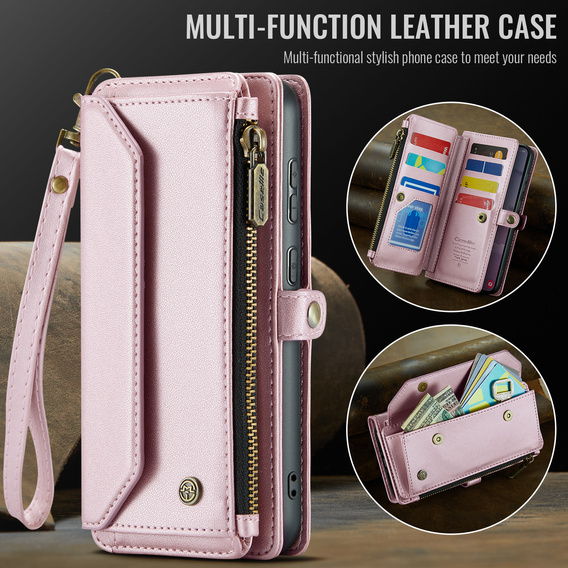 Pouzdro CASEME pro Samsung Galaxy S25 FE, RFID Leather Wallet, s popruhem přes rameno, růžové
