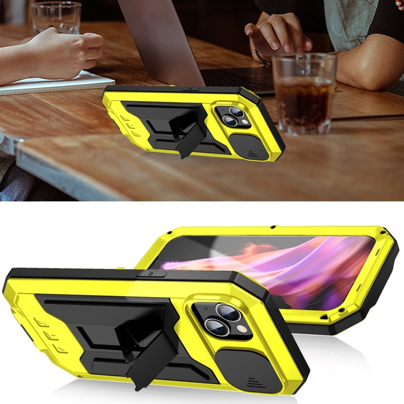 Pouzdro pro iPhone 15, R-JUST CamShield Slide, pancéřované, žluté / černé