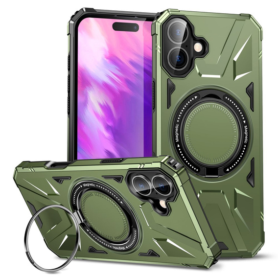 Pouzdro pro iPhone 16, pancéřované se stojánkem a deskou na rukojeť, zelené