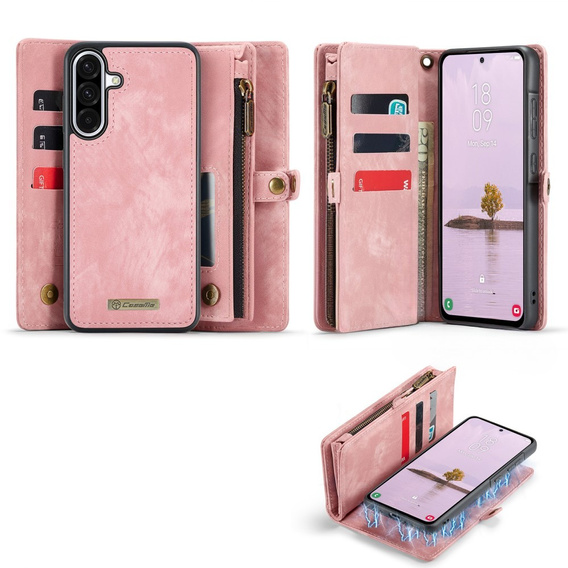 CASEME pouzdro pro Samsung Galaxy A56 5G, Retro Leather Wallet, s páskem, růžové