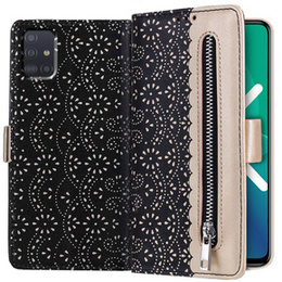 Flipové pouzdro pro Samsung Galaxy A51, Wallet Pocket Zipper Lace, černé
