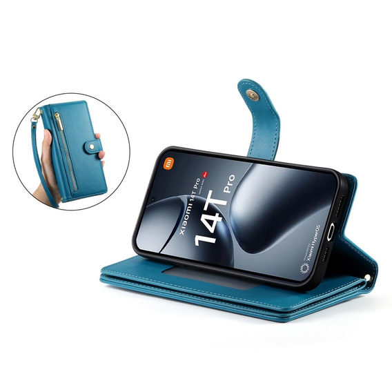 Klopové pouzdro pro Xiaomi 14T Pro, Wallet Zipper Pocket, modré