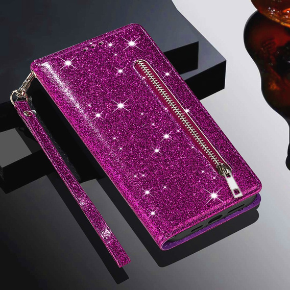 Klopové pouzdro pro Samsung Galaxy A56 5G, Wallet Zipper Pocket Glittery, fialové