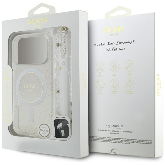 Pouzdro Guess IML Glitter Pearl Strap MagSafe pro iPhone 17 Pro Max