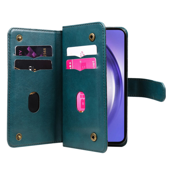 Pouzdro s klopou pro Samsung Galaxy A55 5G, 10 Card Slots Wallet, zelené