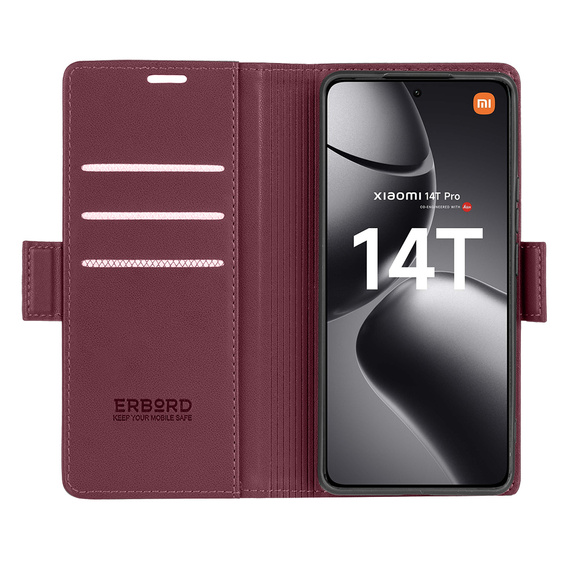 Pouzdro pro Xiaomi 14T Pro, ERBORD Glossy Litchi, flipová peněženka, červené