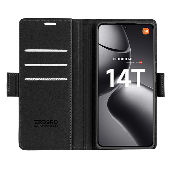 Pouzdro pro Xiaomi 14T, ERBORD Glossy Litchi, flipová peněženka, černé