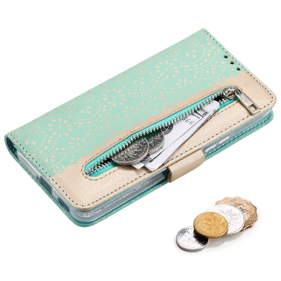 Flipové pouzdro pro Samsung Galaxy S22+ Plus 5G, Wallet Pocket Zipper Lace, zelené