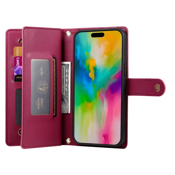 Klopové pouzdro pro iPhone 16 Pro, Wallet Zipper Pocket, červené