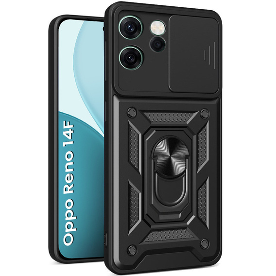 Pancéřové pouzdro pro Oppo Reno 14F, s ochranou fotoaparátu, se stojánkem, černé