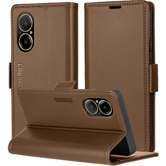Pouzdro pro Realme C67 4G, ERBORD Glossy Litchi, flipová peněženka, hnědé
