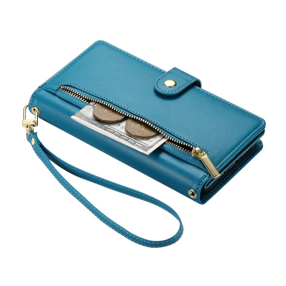 Klopové pouzdro pro iPhone 16 Pro, Wallet Zipper Pocket, modré