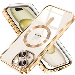 Pouzdro pro iPhone 15, Electro MagSafe, zlaté + sklo na displej