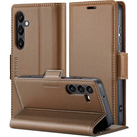 Pouzdro pro Samsung Galaxy A25 5G, ERBORD Glossy Litchi, flipová peněženka, hnědé