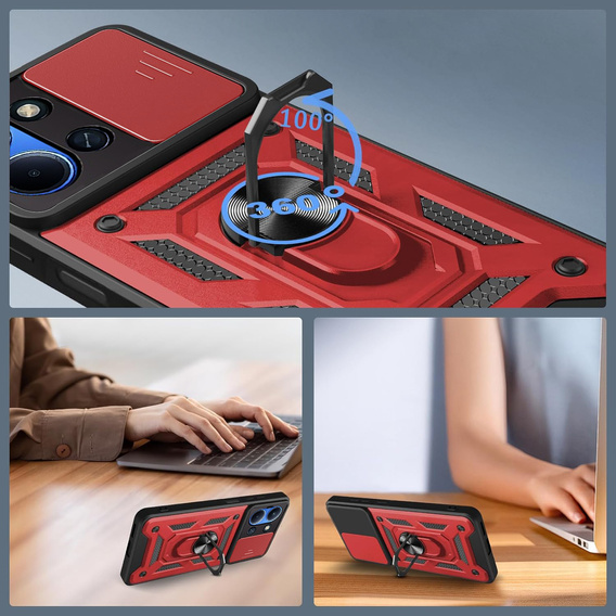 Pancéřové pouzdro pro Xiaomi Redmi 15C 4G/LTE, s ochranou fotoaparátu, se stojánkem, červené