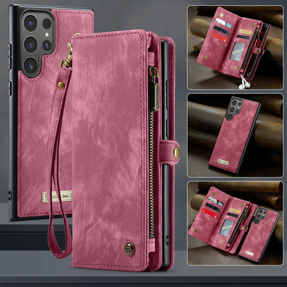 CASEME pouzdro pro Samsung Galaxy S25 Ultra, Retro Leather Wallet, s páskem, červené