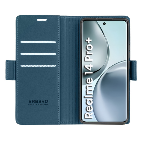 Pouzdro pro Realme 14 Pro+ 5G, ERBORD Glossy Litchi, flipová peněženka, modré