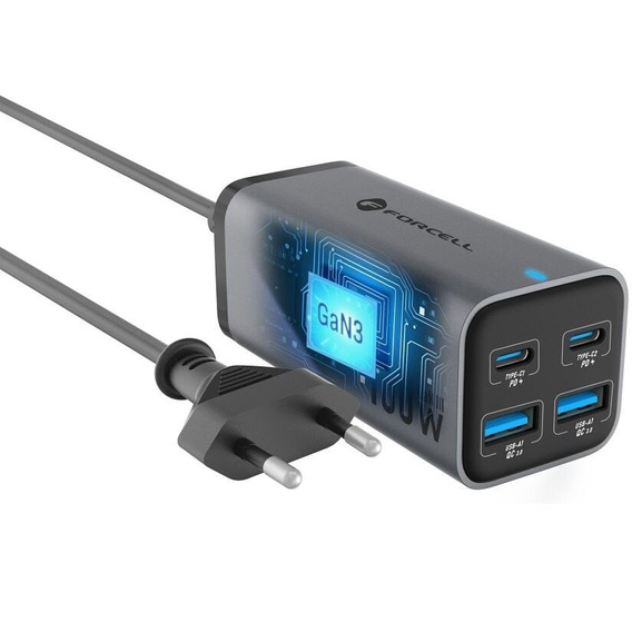 Stolní nabíječka FORCELL 2x USB Type-C 2x USB-A 100W 5A GaN PD QC4.0, šedá
