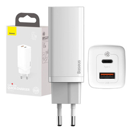 Baseus GaN2 Lite 65 W USB-C + USB-A síťová nabíječka, bílá (EU)