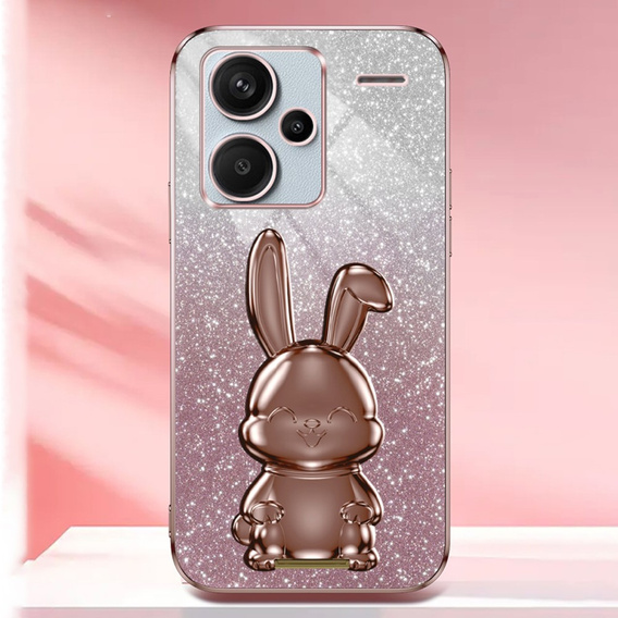 Pouzdro pro Xiaomi Redmi Note 13 Pro+, Glitter Rabbit, s výsuvným stojánkem, růžové