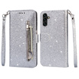 Klopové pouzdro pro Samsung Galaxy A55, Wallet Zipper Pocket Glittery, stříbrné