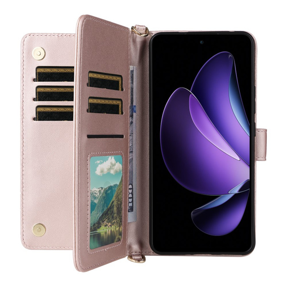 Flipové pouzdro pro Oppo Reno 13F 5G, Crossbody Leather Wallet, růžové