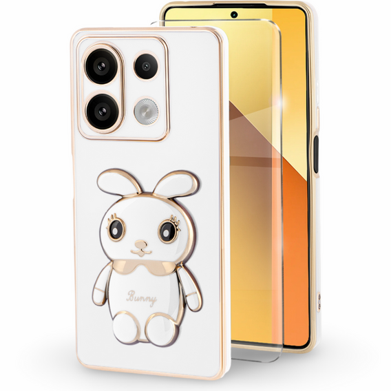 Pouzdro pro Xiaomi Redmi Note 13 5G, Rabbit, bílé + 9H tvrzené sklo