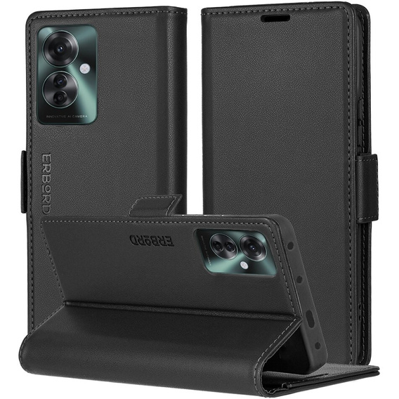 Pouzdro pro Oppo Reno 11F, ERBORD Glossy Litchi, flipová peněženka, černé