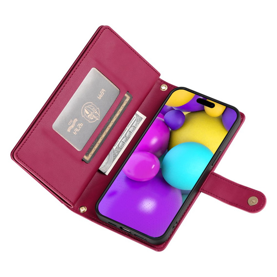 Klopové pouzdro pro iPhone 16 Plus, Wallet Zipper Pocket, červené
