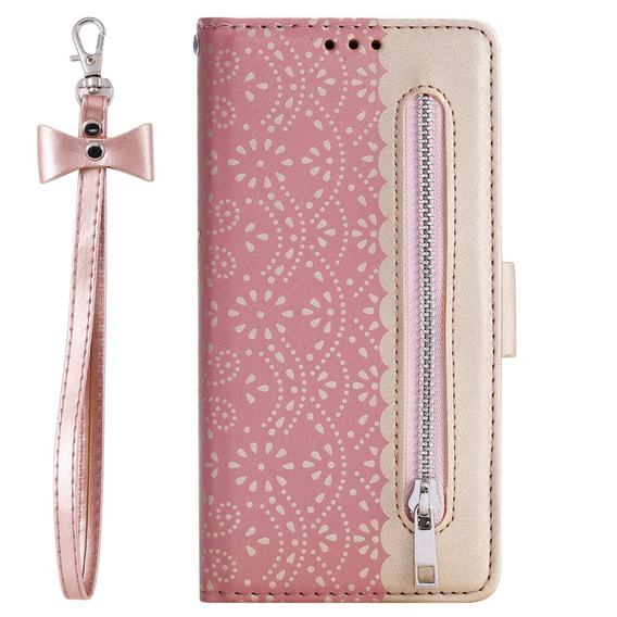 Flipové pouzdro pro Samsung Galaxy A55 5G, Wallet Pocket Zipper Lace, růžové