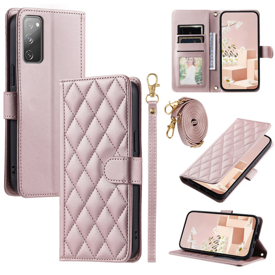 Pouzdro s klopou pro Samsung Galaxy S20 FE, Rhombus Crossbody Leather, růžové rose gold