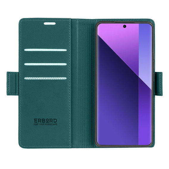 Pouzdro pro Xiaomi Redmi Note 13 Pro+, ERBORD Glossy Litchi, flipová peněženka, zelené