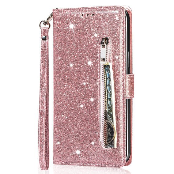 Klopové pouzdro pro Samsung Galaxy A56 5G, Wallet Zipper Pocket Glittery, růžové rose gold