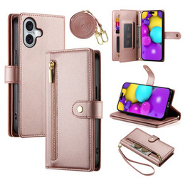 Klopové pouzdro pro iPhone 16, Wallet Zipper Pocket, růžové
