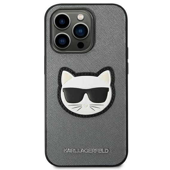 Pouzdro Karl Lagerfeld pro iPhone 14 Pro, Saffiano Choupette Head Patch, stříbrné