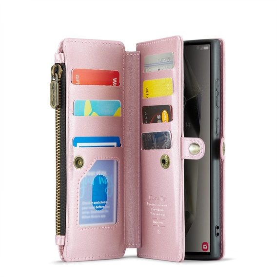 Pouzdro CASEME pro Samsung Galaxy S25 Ultra, RFID Leather Wallet, s popruhem přes rameno, růžové