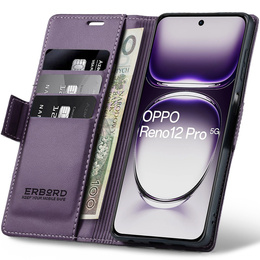 Pouzdro pro Oppo Reno 12 Pro, ERBORD Glossy Litchi, flipová peněženka, fialové