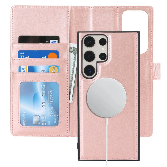 Klopové pouzdro pro Samsung Galaxy S23 Ultra, peněženka, pro MagSafe, růžové rose gold