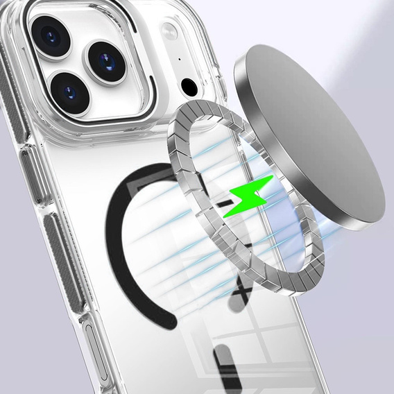 Pouzdro pro iPhone 17 Pro Max, pro MagSafe, se stojánkem, průhledné s černými vložkami